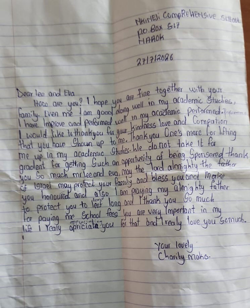 A beautiful letter received from Charity; the child I support in Kenya via Choice Through Education UK